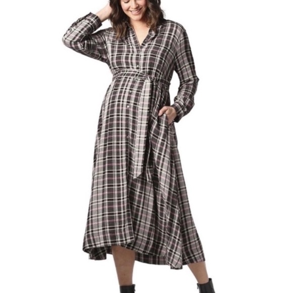 Hatch Maternity or non-Maternity‎ Buttoned Maxi Shirt Dress Black and Pink Plaid - Picture 1 of 16